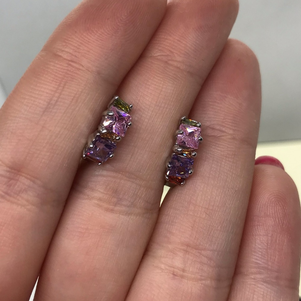 Sterling Silver 925 CZ Colorful Hoop  Earrings - Picture 4 of 5